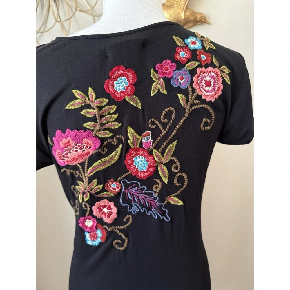 CAITE Embroidered Floral‎ Dress Black Boho Asymmetrical Hem Size Medium